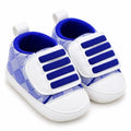 Blue and white baby prewalker shoes 3/4 view for 0-12 months