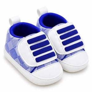 Blue and white baby prewalker shoes 3/4 view for 0-12 months
