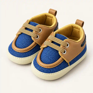 Baby Boys Royal Blue and Tan Textured Prewalker Shoes with Decorative Laces Angle View