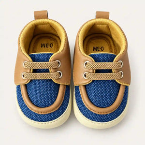 Royal Blue and Tan Baby Boy Prewalker Shoes with Textured Upper and Padded Collar Front View