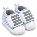 Blue striped baby prewalker shoes with grey detailing 3/4 view