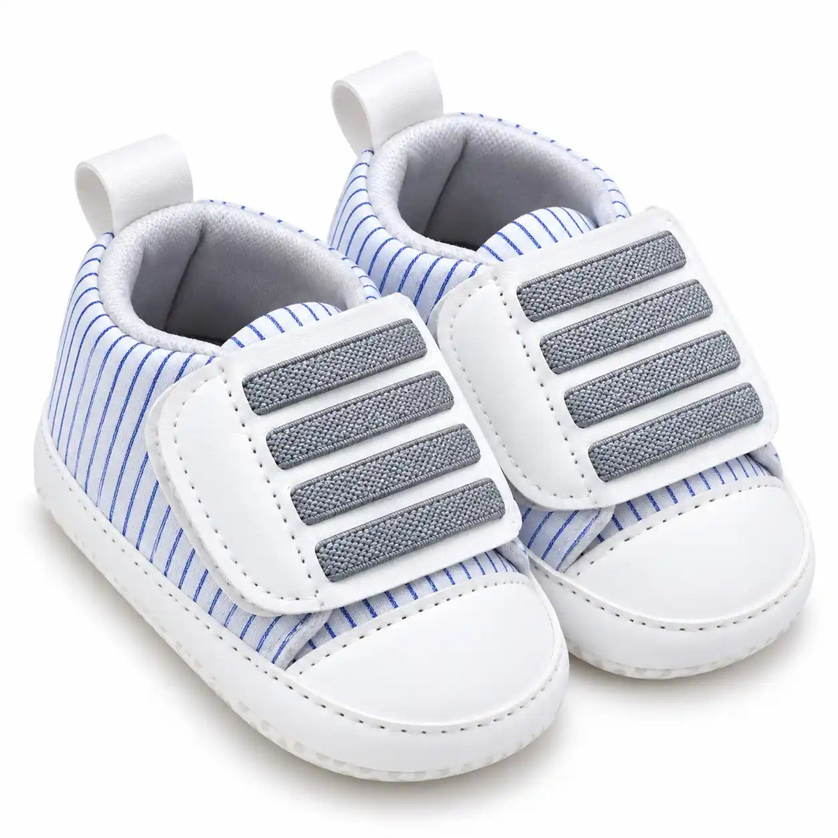 Blue striped baby prewalker shoes with grey detailing 3/4 view