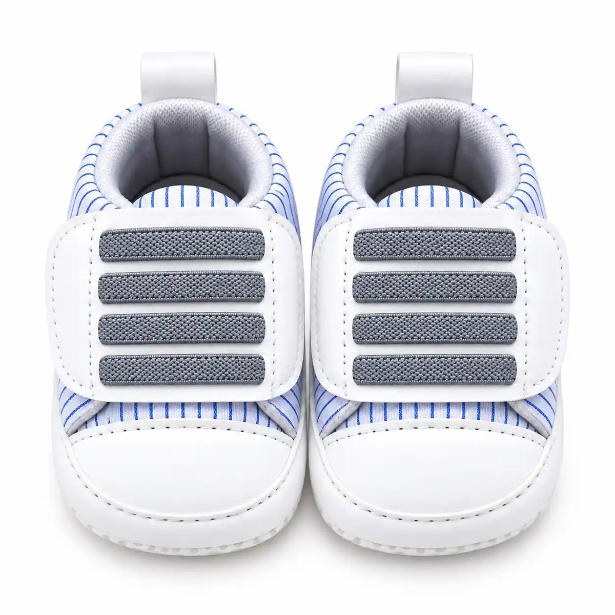 Blue striped newborn baby shoes front view for 0-12 months