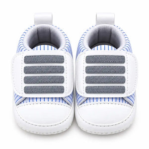 Blue striped newborn baby shoes front view for 0-12 months