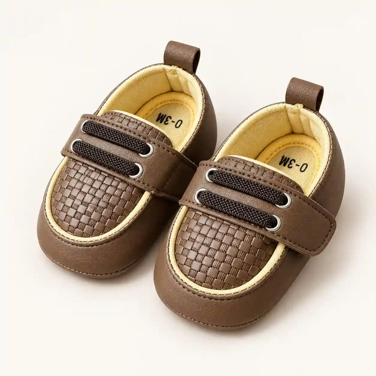 Coffee Brown Baby Boys Prewalker Shoes with Checkered Front Design and Decorative Laces Angle View