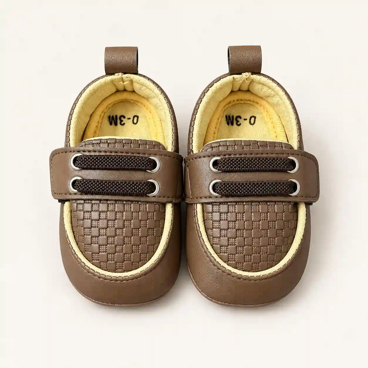 Coffee Brown Baby Boy Casual Prewalker Shoes with Checkered Toe and Wide Strap Front View
