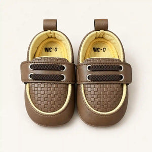 Coffee Brown Baby Boy Casual Prewalker Shoes with Checkered Toe and Wide Strap Front View