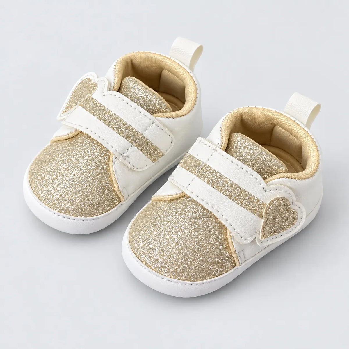 Golden Glitter Heart Strap Baby Shoes White and Gold Prewalker Sneakers Side Angle View