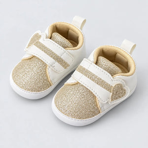 Golden Glitter Heart Strap Baby Shoes White and Gold Prewalker Sneakers Side Angle View