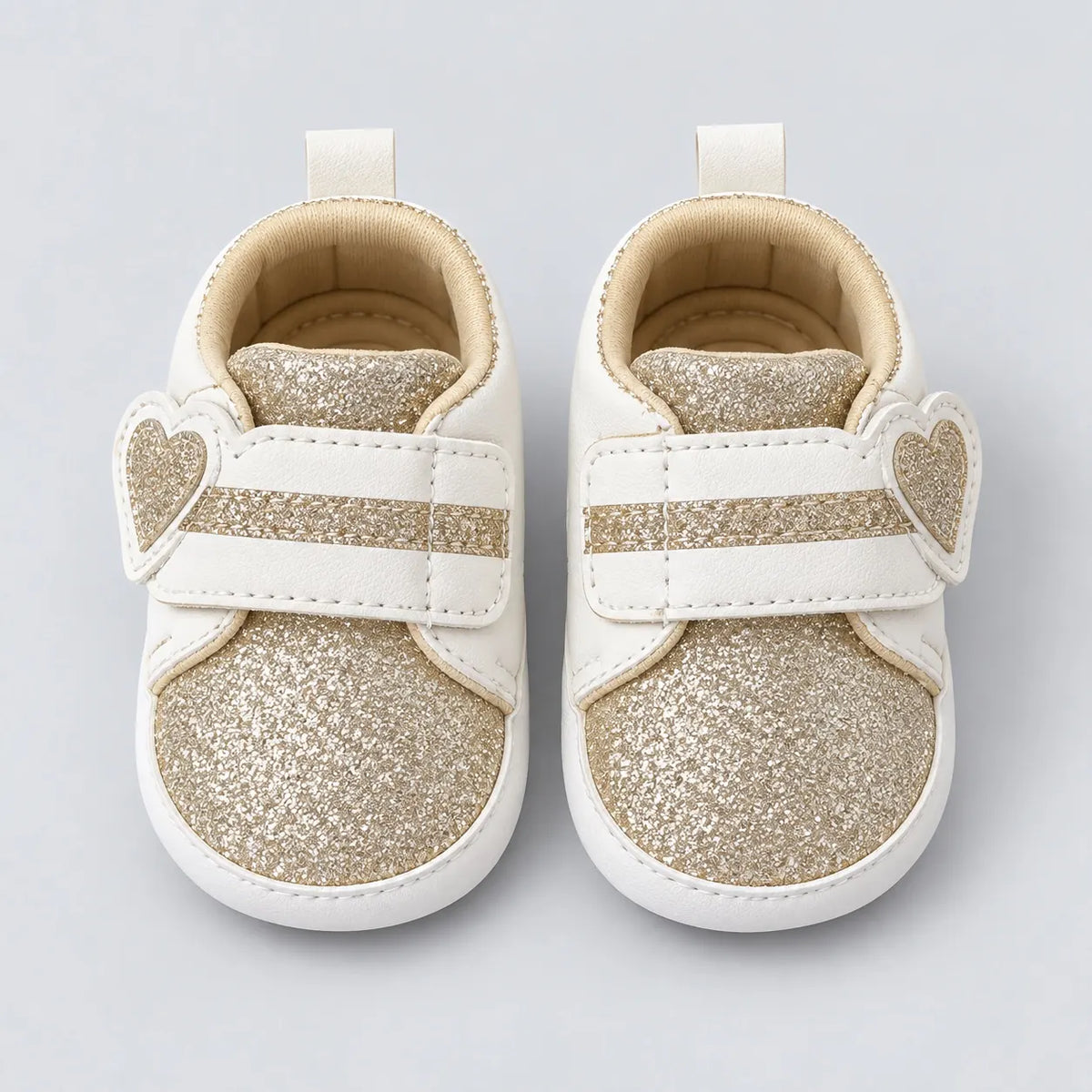 Golden Glitter Heart Strap Baby Shoes White and Gold Prewalker Sneakers Front View