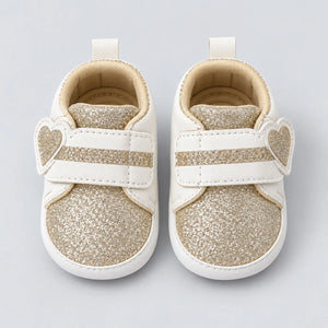 Golden Glitter Heart Strap Baby Shoes White and Gold Prewalker Sneakers Front View