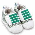 Green striped baby prewalker shoes 3/4 view for newborn babies