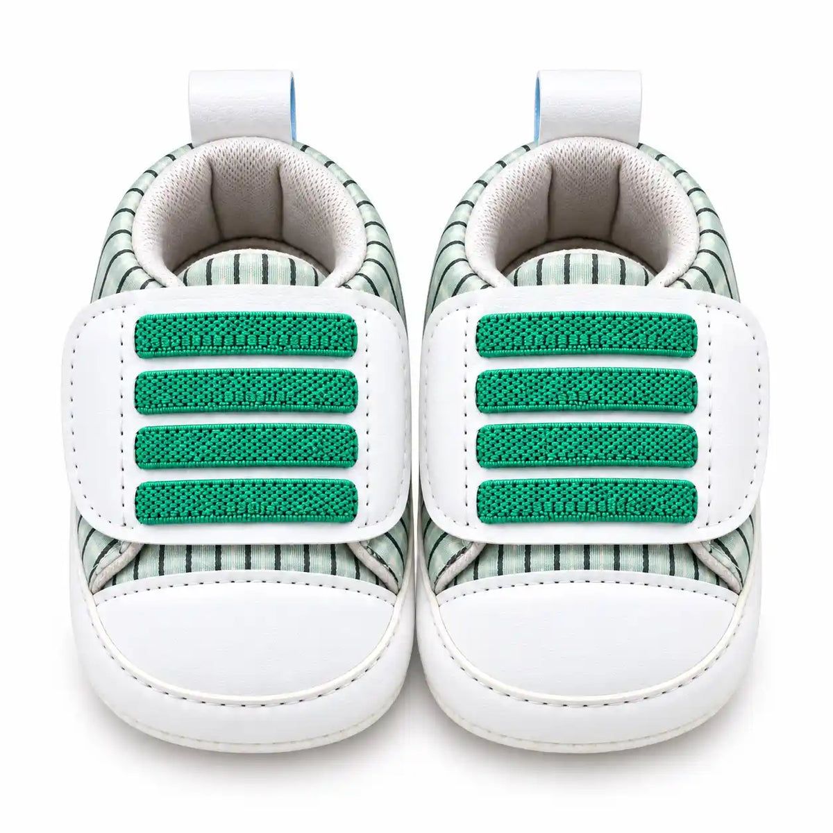 Green striped newborn baby shoes front view for 0-12 months