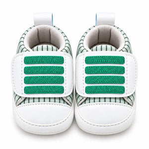 Green striped newborn baby shoes front view for 0-12 months