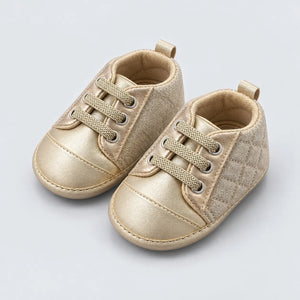 Golden Quilted Baby Shoes Metallic Gold Lace-Up Casual Prewalker Sneakers Side Angle View