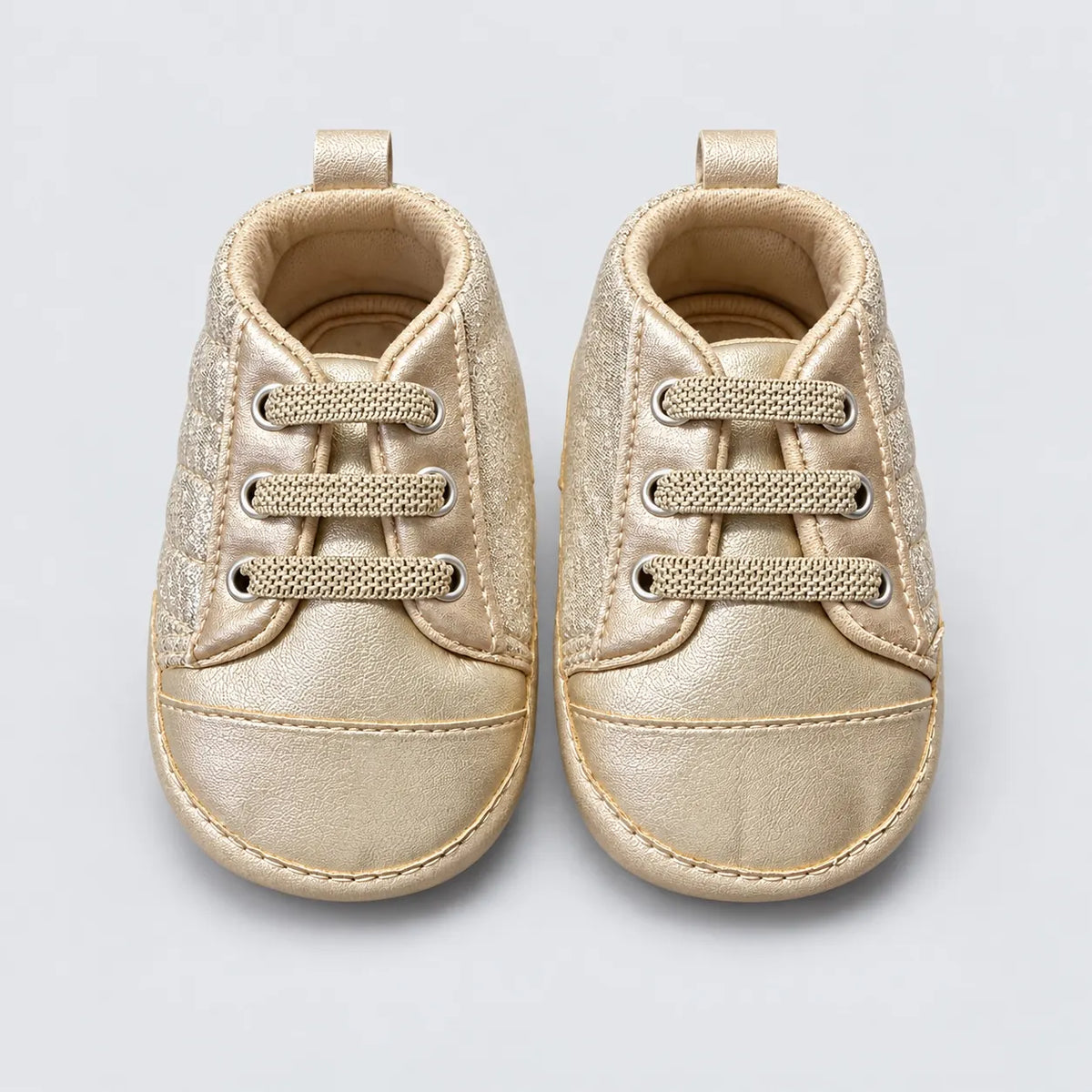 Golden Quilted Baby Shoes Metallic Gold Lace-Up Prewalker Sneakers Front View