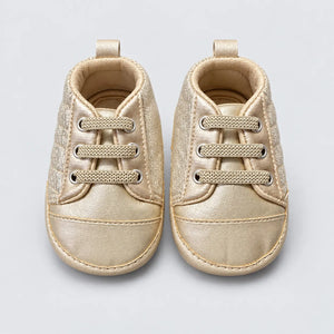 Golden Quilted Baby Shoes Metallic Gold Lace-Up Prewalker Sneakers Front View