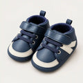 Baby Boys Navy Blue and Cream Velcro Strap Prewalker Shoes Three Quarter Angle View