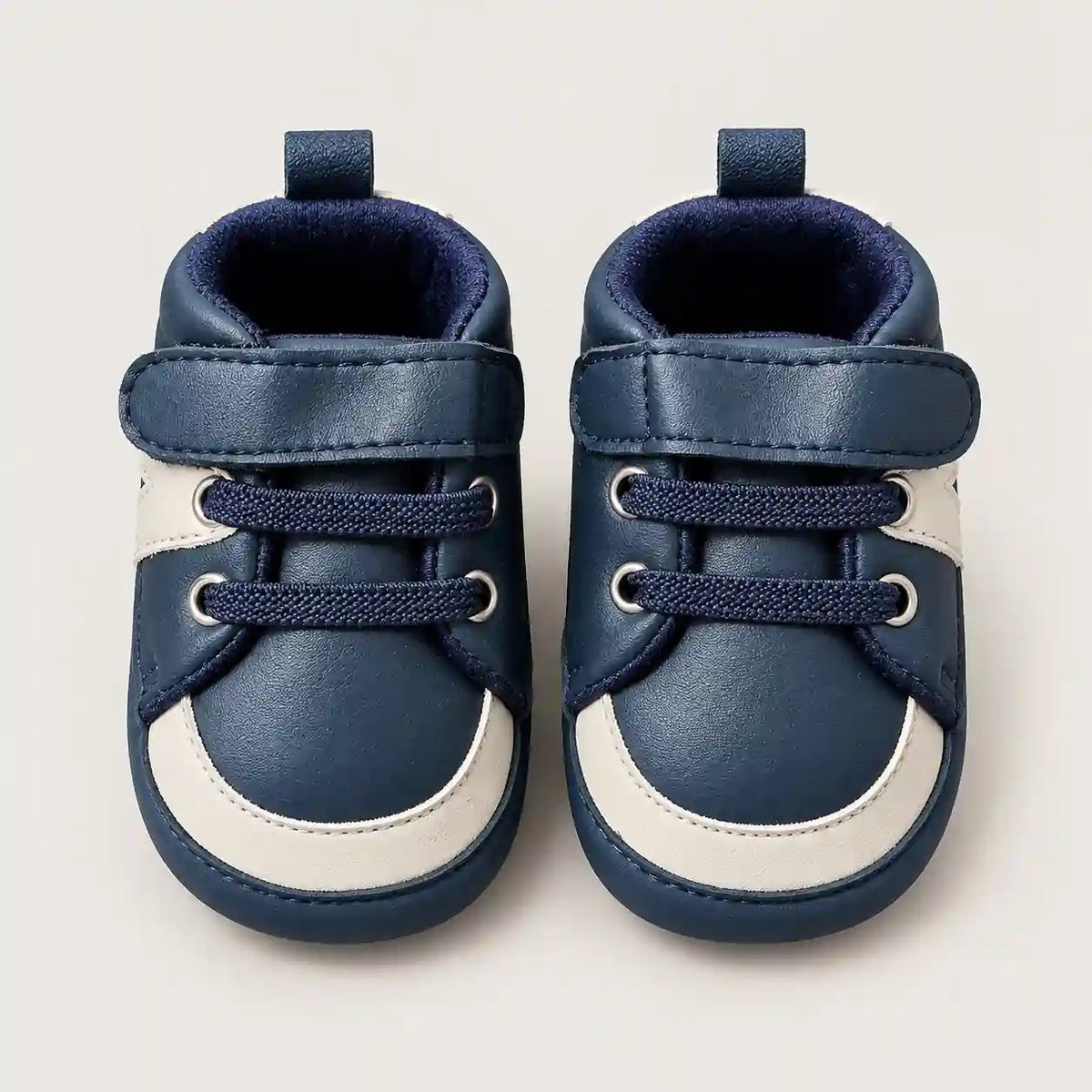 Navy Blue and Cream Baby Boy Prewalker Shoes with Velcro Strap and Decorative Laces Front View