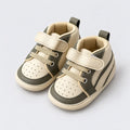 Olive Green and Cream Baby Shoes with Strap and Lace-Up Detailing Prewalker Sneakers Side Angle View