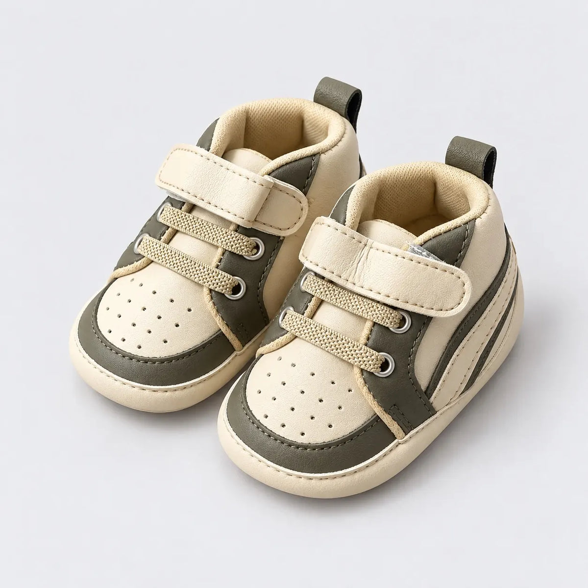 Olive Green and Cream Baby Shoes with Strap and Lace-Up Detailing Prewalker Sneakers Side Angle View