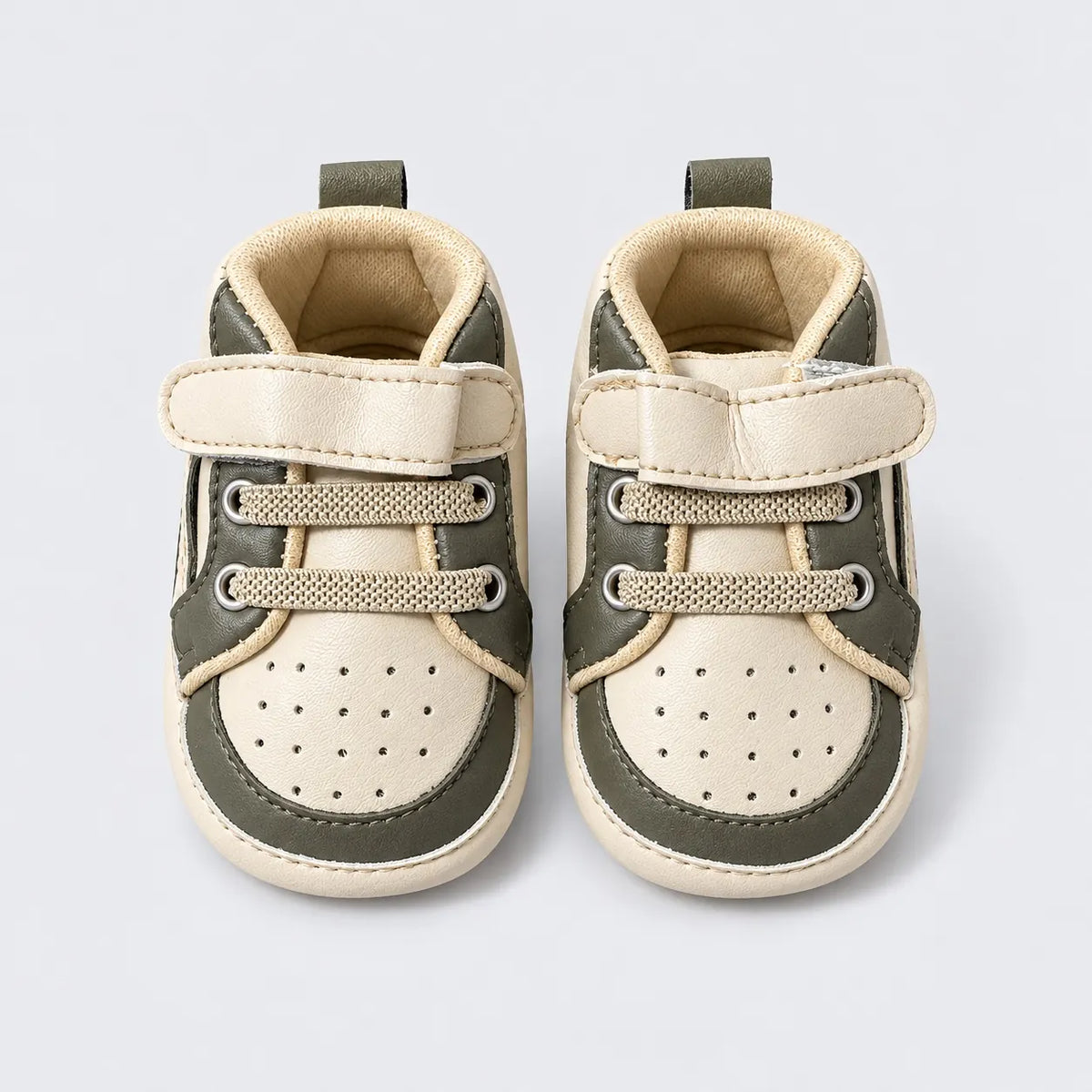 Olive Green and Cream Baby Shoes with Perforated Toe and Fastening Strap Prewalker Sneakers Front View