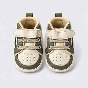 Olive Green and Cream Baby Shoes with Perforated Toe and Fastening Strap Prewalker Sneakers Front View