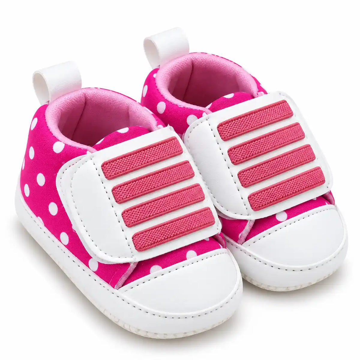 Pink polka dot baby prewalker shoes 3/4 view for newborn babies