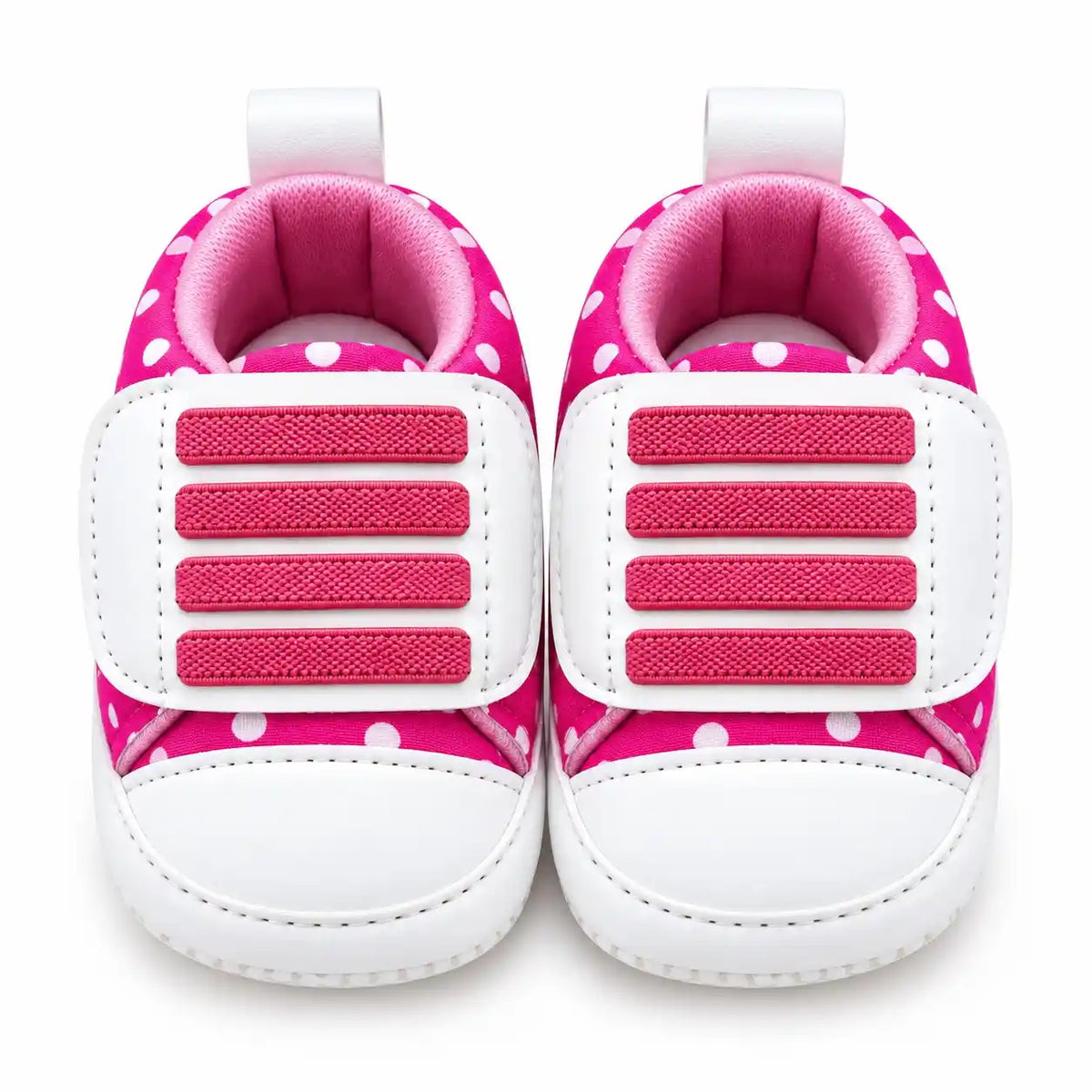 Pink polka dot newborn baby shoes front view for 0-12 months