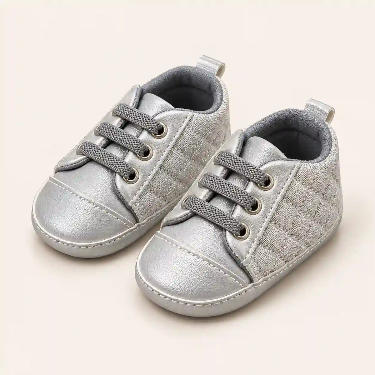Baby Boys Silver Grey Quilted Lace-Up Prewalker Shoes Metallic Finish Angle View