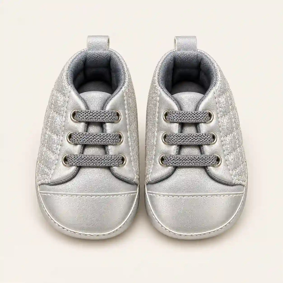 Silver Grey Baby Boy Prewalker Shoes with Quilted Side Panels and Grey Laces Front View