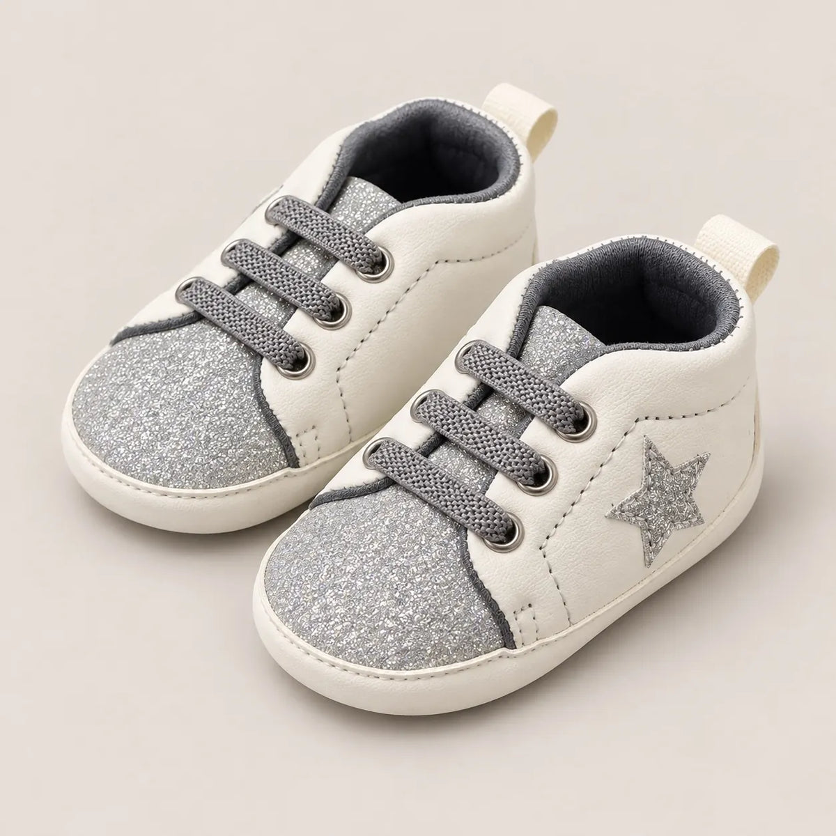 Silver Glitter Star Baby Shoes White and Silver Lace-Up Prewalker Sneakers Side Angle View