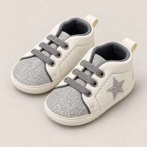 Silver Glitter Star Baby Shoes White and Silver Lace-Up Prewalker Sneakers Side Angle View
