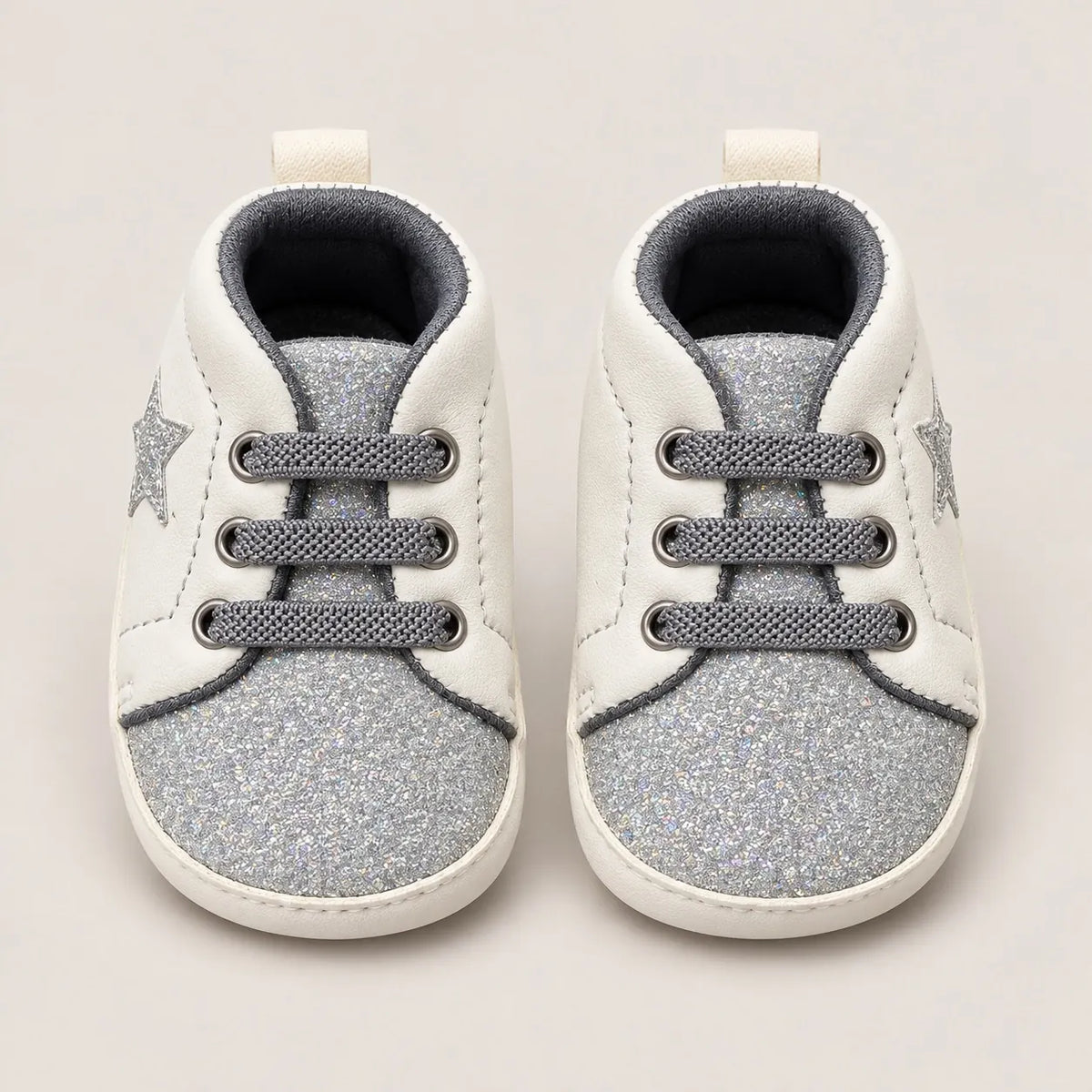 Silver Glitter Star Baby Shoes White and Silver Lace-Up Prewalker Sneakers Front View