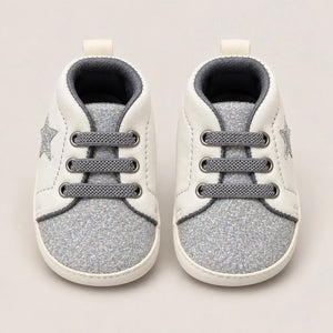 Silver Glitter Star Baby Shoes White and Silver Lace-Up Prewalker Sneakers Front View