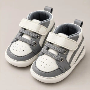 Baby Boys White and Grey Prewalker Sneakers with Velcro Strap and Decorative Laces Three Quarter View in Pakistan