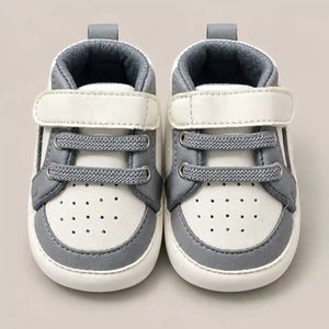 White and Grey Baby Boy Prewalker Shoes with Perforated Toe and Hook and Loop Strap Front View in Pakistan