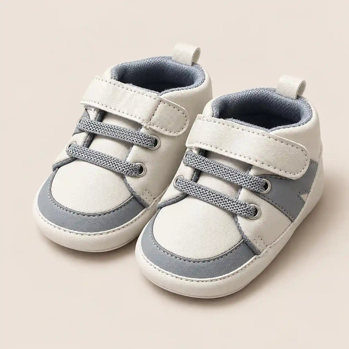 Baby Boys White and Grey Velcro Strap Prewalker Shoes Three Quarter Angle View in Pakistan