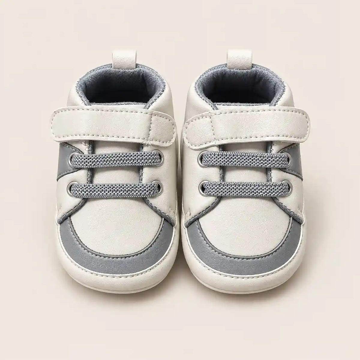 White and Grey Baby Boy Prewalker Shoes with Velcro Strap and Decorative Laces Front View in Pakistan