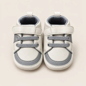 White and Grey Baby Boy Prewalker Shoes with Velcro Strap and Decorative Laces Front View in Pakistan