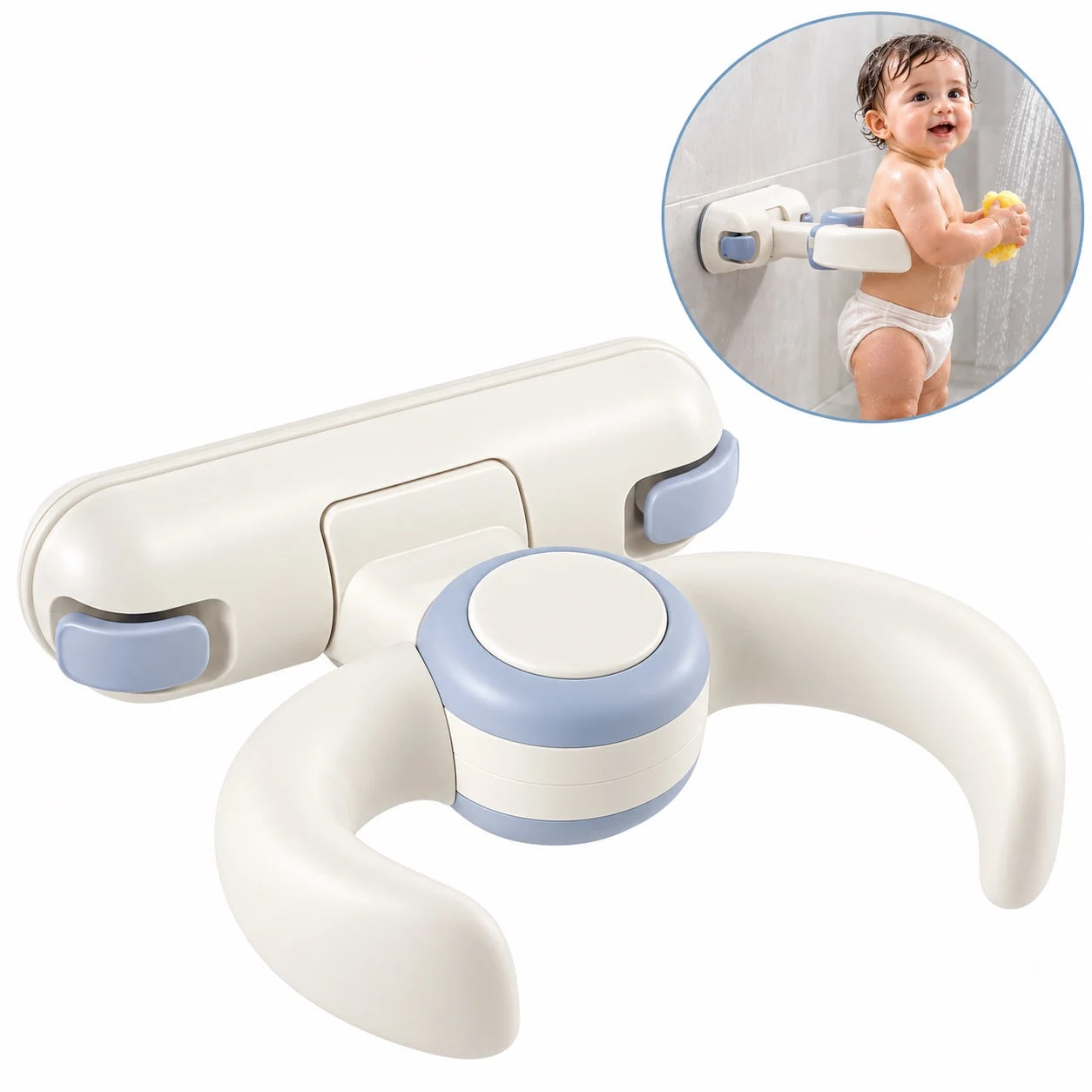 Cream and blue wall-mounted baby bath support with adjustable arms