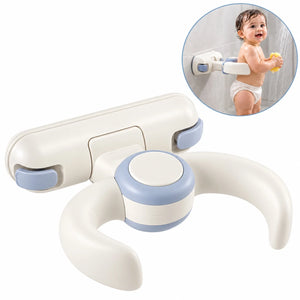 Cream and blue wall-mounted baby bath support with adjustable arms