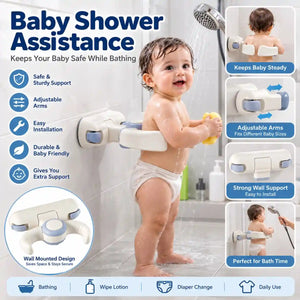 Wall-mounted baby bath support with adjustable arms for bathing and daily baby care