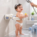 Wall-mounted baby bath support with adjustable arms used during baby shower time