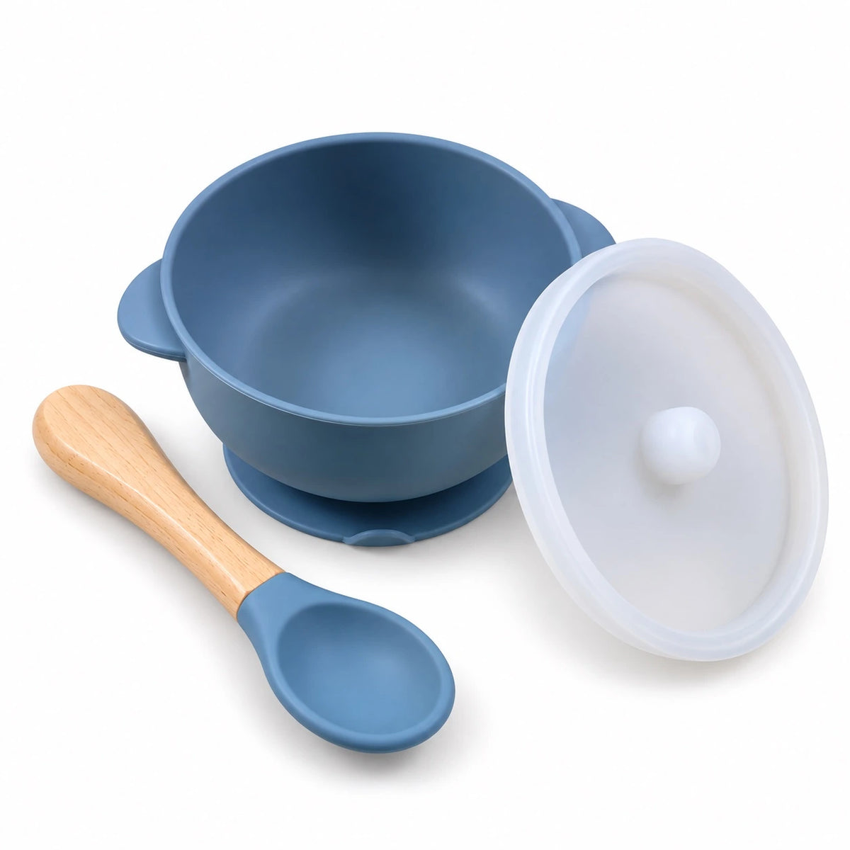 Blue baby silicone feeding bowl with lid and spoon