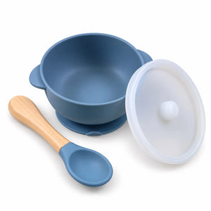 Blue baby silicone feeding bowl with lid and spoon