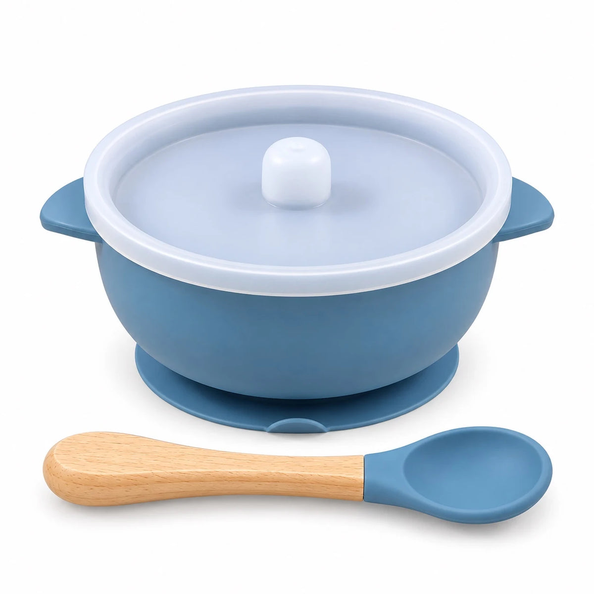 Baby silicone feeding bowl with removable lid and spoon in blue