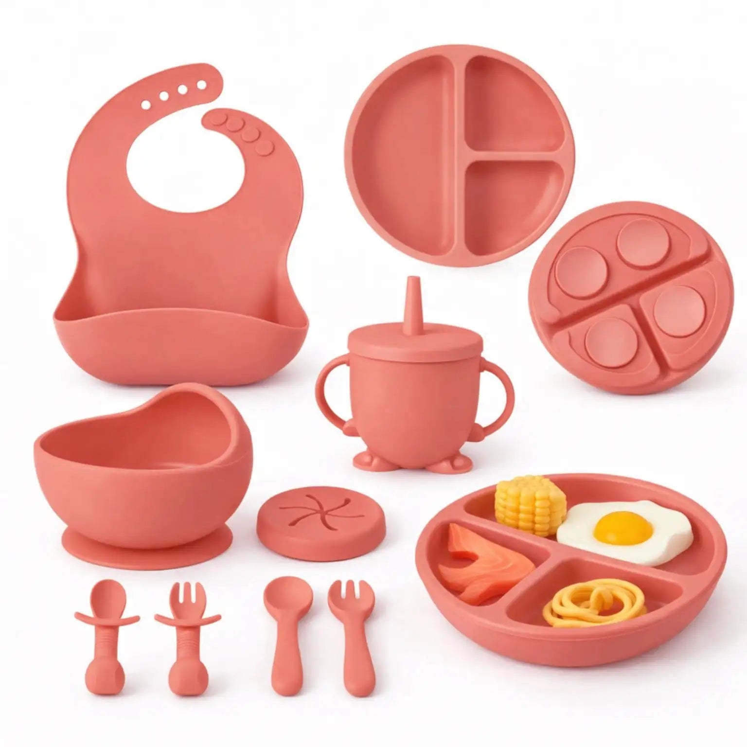 8 Pieces Baby Silicone Feeding Set in Red with Suction Bowl Plate Bib Cup Spoon and Fork