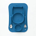 Blue cat design silicone baby feeding set with plate, bowl, spoon and fork