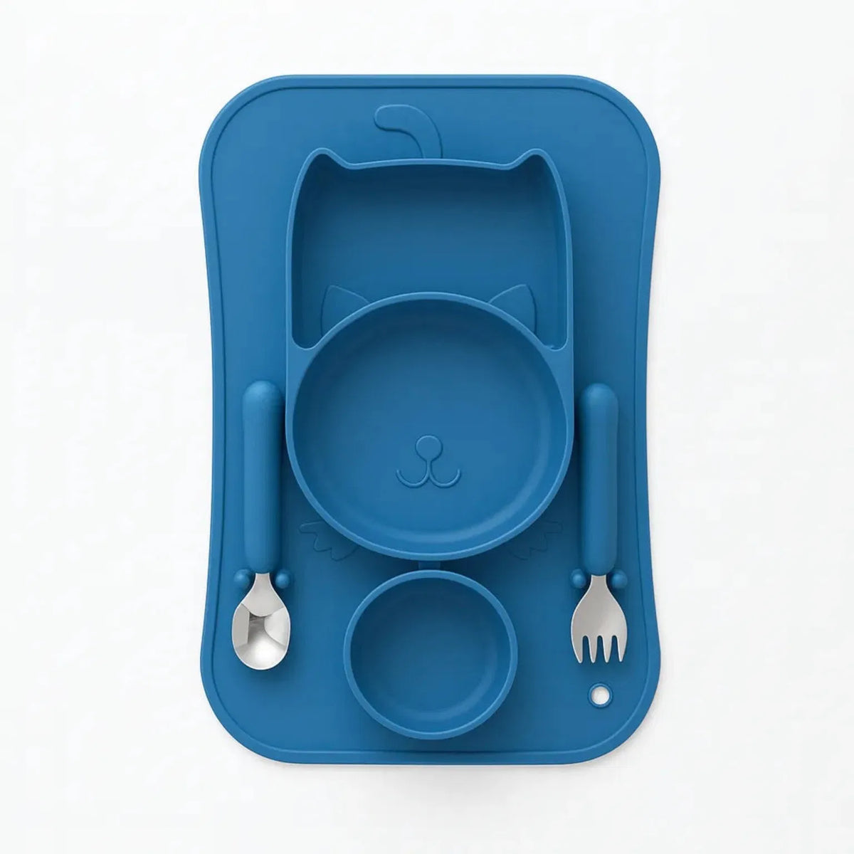 Blue cat design silicone baby feeding set with plate, bowl, spoon and fork